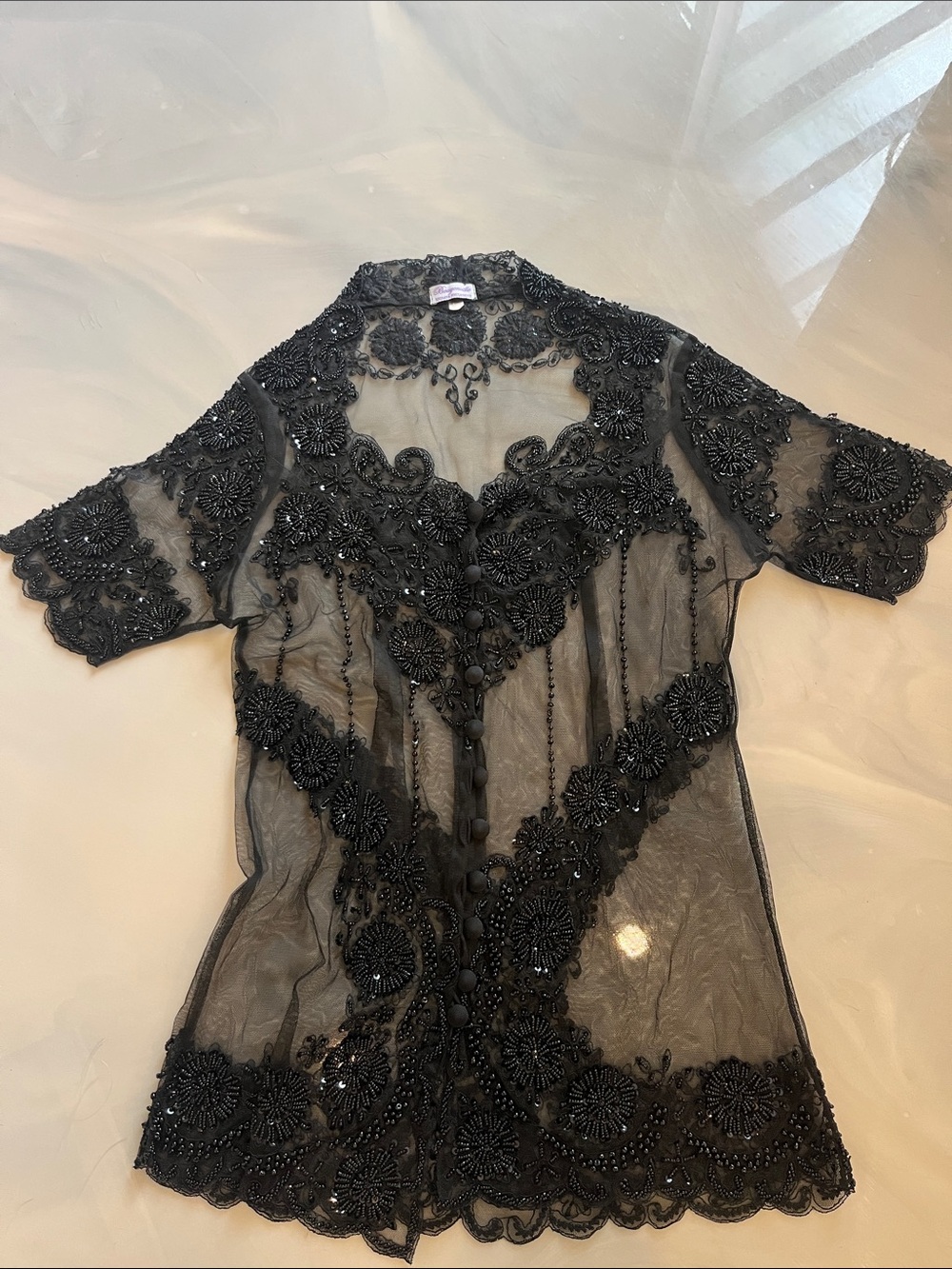 Sheer Black Beaded Lace Kimono Top - Elegant Evening Layer